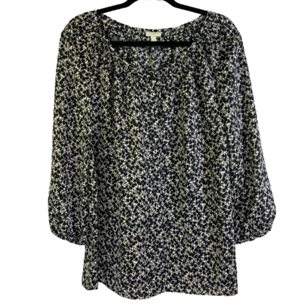 TALBOTS Black & White Diamond‎ Print Peasant Top Blouse